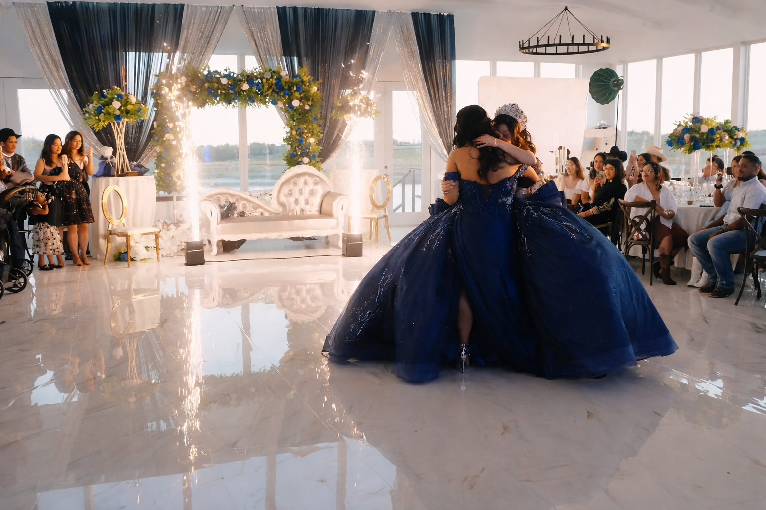 Elegant embrace in shimmering gowns