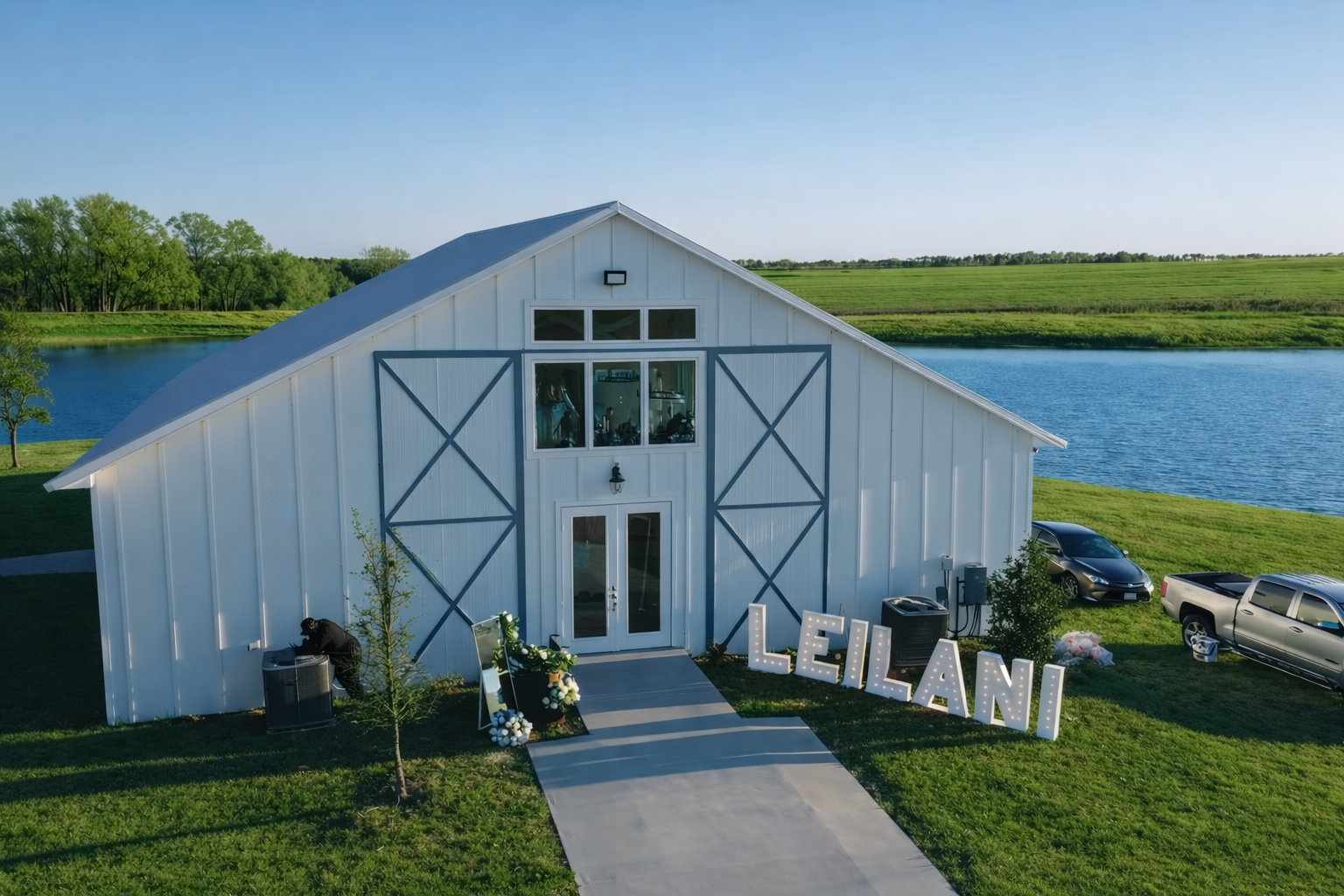 Modern farmhouse by serene lake